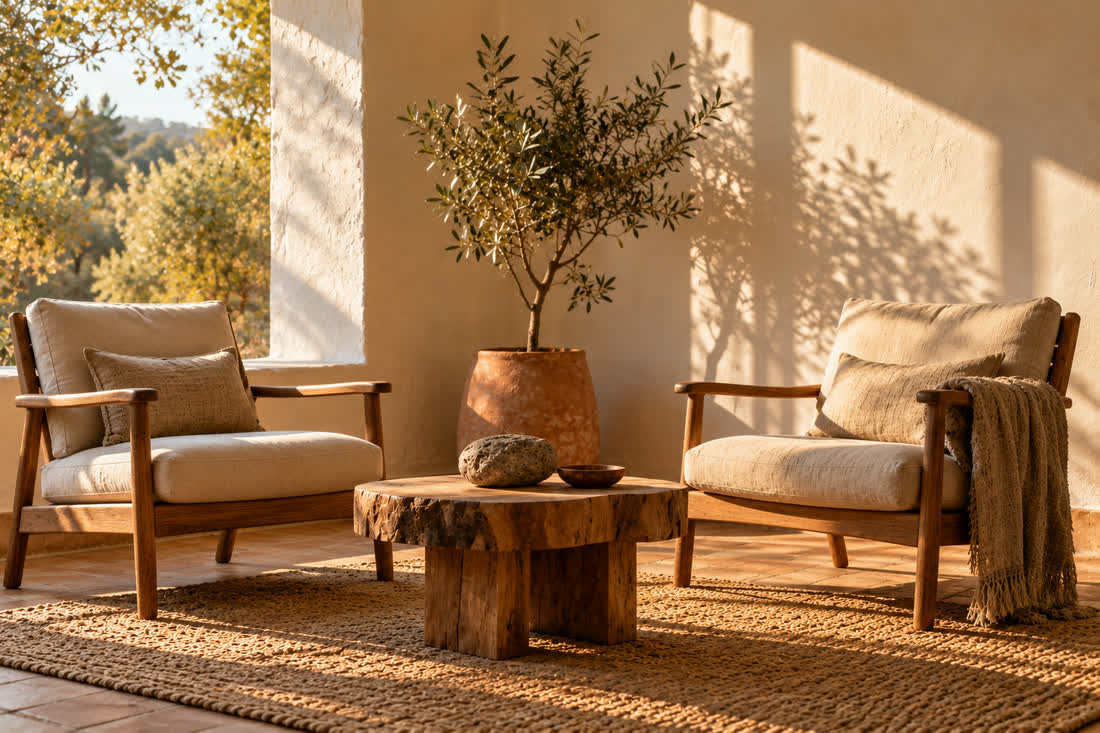 Espacio de consulta con dos sillones de madera, un olivo en maceta y luz natural