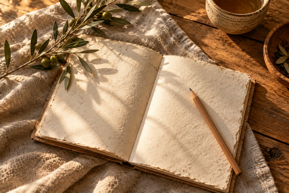 Cuaderno abierto con un lápiz y una rama de olivo