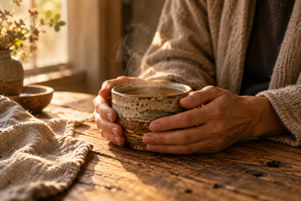 Manos sosteniendo una taza de té sobre una mesa de madera