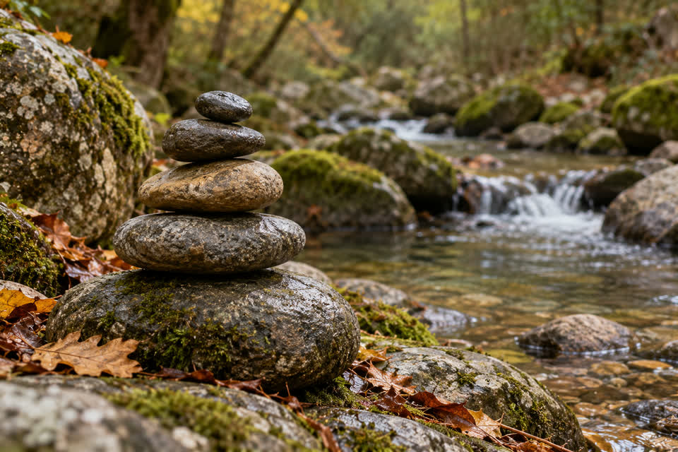 Piedras apiladas junto a un arroyo
